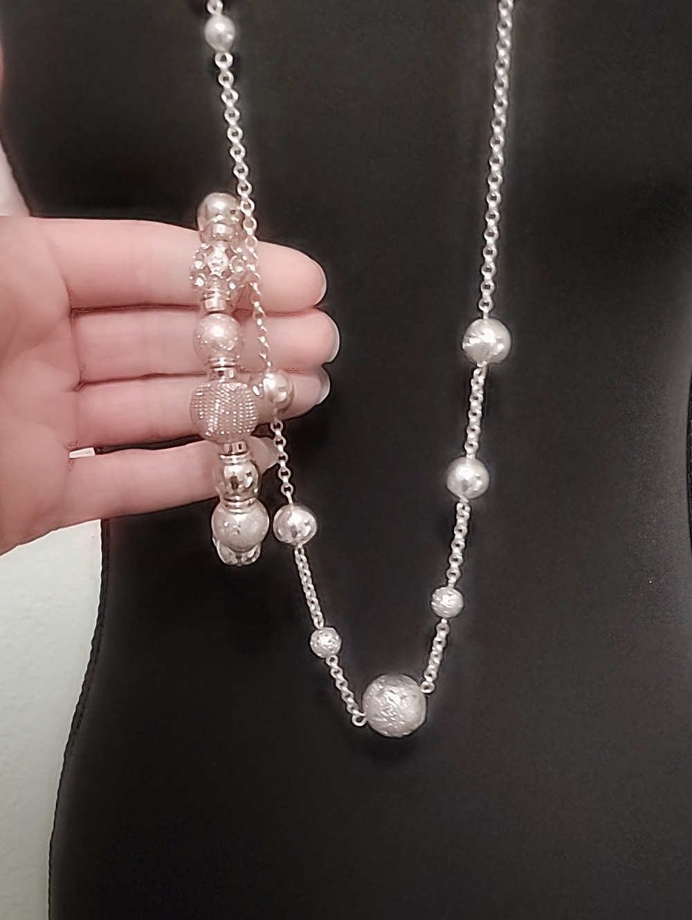 Silver Beaded Long Necklace & Bracelet with Textured Spheres